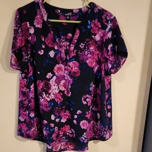 torrid Black Floral Split-Neck Top with Pink and Purple Roses